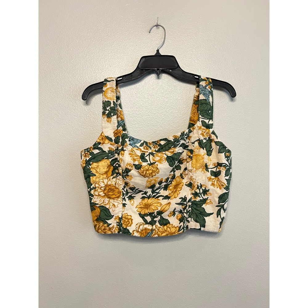 Abercrombie & Fitch Floral Linen Blend Smocked Crop Top Yellow Green Large